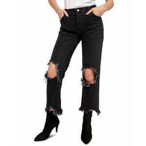 Free People Maggie Distressed Straight Leg Jeans In Washed Black - 24